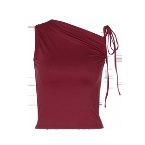 Detail of burgundy one-shoulder crop top with drawstring tie and ruched silky fabric