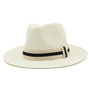 Close-up of the woven texture and dual-tone ribbon on this summer Panama straw hat