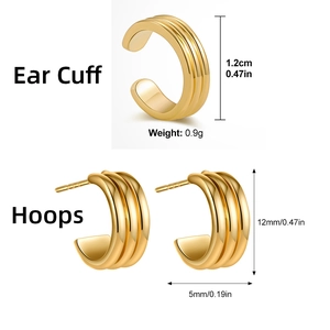 Vista dettagliata dell'ear cuff a C placcato oro 18K con dimensioni 12mm e larghezza 5mm