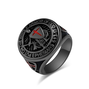 Men's shield signet ring with red cross and Ephesians scripture in black steel