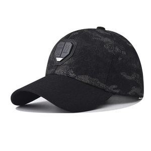 Classic dark camo baseball cap featuring a black 3D shield badge with lighting motif