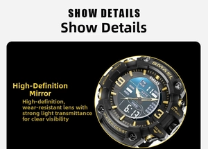 Detail showing the scratch-resistant high-transparency glass of the SMAEL sports watch