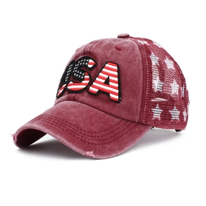 Detail of USA embroidery and mesh back on distressed wine red ponytail baseball cap