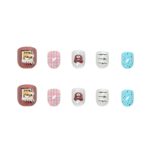 Cute 3D bear press-on nails with cat eye shimmer and pink blue plaid pattern design