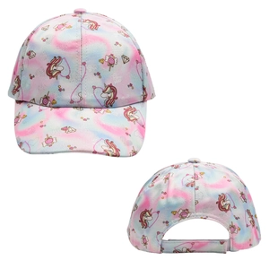 Detail of adjustable velcro strap and colorful unicorn prints on kids' baseball cap