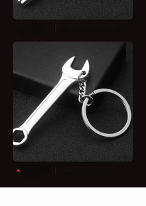 Detailed view of silver zinc alloy wrench keychain with polished electroplated finish