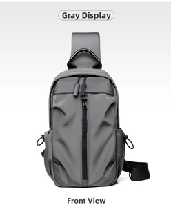 Front detail of grey waterproof sling bag featuring double zippers and sporty nylon texture