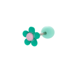 Macro shot of green daisy stud earring with pink center and lime green ball back