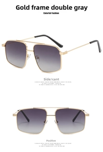 Detail of gold metal aviator sunglasses with gradient grey lenses and double bridge design