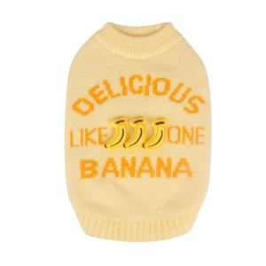Knitted dog sweater in pale yellow with banana embroidery for autumn and winter warmth