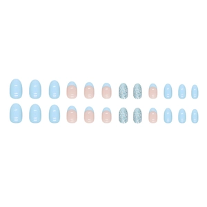 24-piece round oval aurora blue press-on nails with glitter and French tip designs