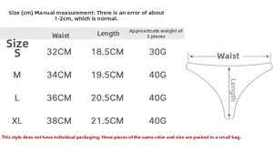 Detailed size chart for lace thongs showing waist and length measurements in cm