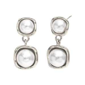 Silver 316L stainless steel earrings with white pearls in geometric square frame