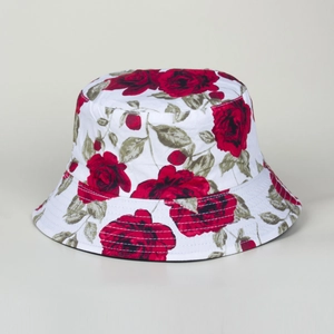 Vintage floral bucket hat with red rose print on white fabric for sun protection
