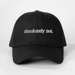 Close-up of black cotton baseball cap with white absolutely not embroidery detail
