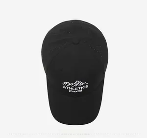 Detailed view of black breathable mesh sports cap with laser cut holes and embroidery