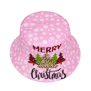 Pink Christmas bucket hat with Merry Christmas text and festive tree patterns