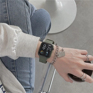 Close-up of olive green digital LED watch with astronaut design on a model wrist