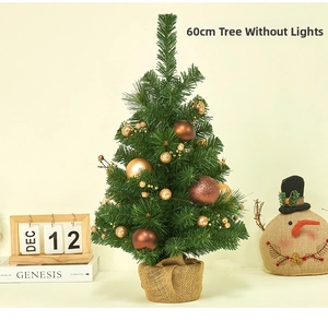 Detailed 60cm tabletop Christmas tree with gold ornaments and rustic burlap base design