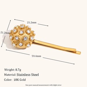 Barrette vintage en acier inoxydable plaqué or 18 carats avec design sphère et cristal