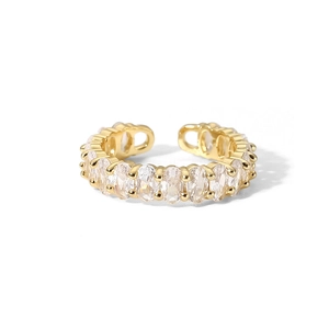 Detailed shot of an adjustable gold-plated ring featuring multiple oval white zircon stones