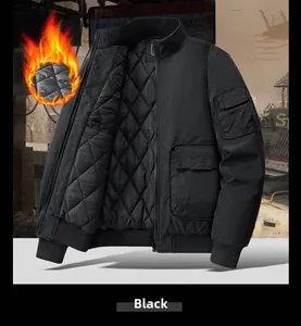Detail of men's black bomber jacket featuring diamond quilted lining and warm padding