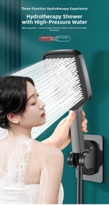 Square matte black pressurized shower head with three spray modes and silicone nozzles