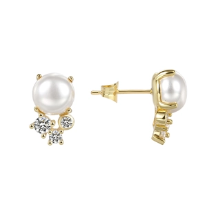 Elegant shell pearl and zircon stud earrings with a gold-plated minimalist floral design