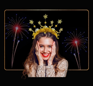 Detail of gold star headband with shimmering tinsel balls and fringe for party