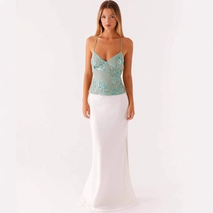 Women's summer sequin floral embroidery tank top with white satin long skirt outfit