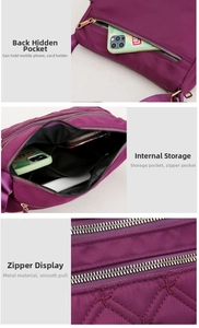 Detail showing the internal storage compartments and rear zipper pocket of the purple bag