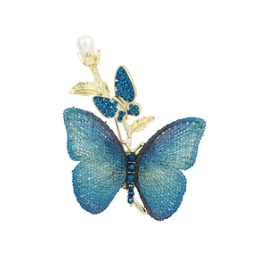 Elegant Chinese style butterfly brooch with blue rhinestones and white pearl on gold base