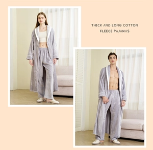Detailed view of thick grey flannel fleece pajamas set with contrast white piping detail