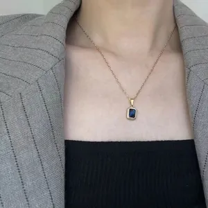 Elegant 18K gold plated necklace with rectangular navy blue crystal pendant for women