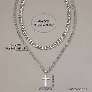 Men's double-layer silver cross necklace with Cuban chain and twisted chain details