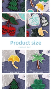 Detail of embroidered plant patches showing leaf textures and dimensions on denim