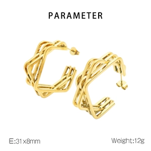 Detail shot showing 31x8mm geometric woven gold earrings with size and weight parameters