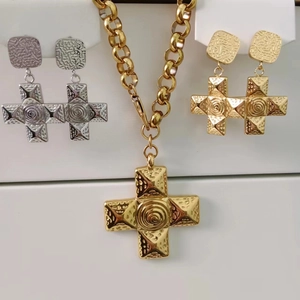 Cross Pendant Necklace And Earrings 18K Gold Plated Stainless Steel Retro Embossed Texture Spiral Design For Women