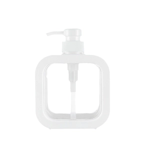 Minimalist white square plastic pump bottle for lotion and soap on white background