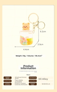 Detailed view of cartoon drifting bottle keychain with yellow liquid and bear figurine