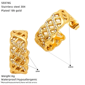 Detail view of 18k gold plated C-shaped earrings with size specs and 20mm height marking