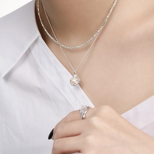 Double-layer S925 silver necklace with pearl pendant and matching ring set for women