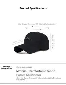 Détails de la casquette de baseball noire R SPORTS avec dimensions et taille ajustable