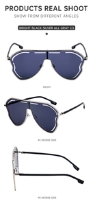 Three-angle view showing front and sides of bright black silver irregular sunglasses