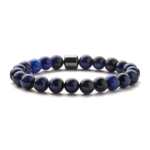8mm blue tiger eye natural stone beaded bracelet with grey cylinder spacer bead