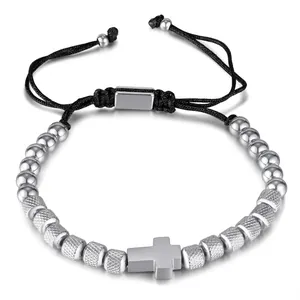 Stainless Steel Cross Pendant Beaded Bracelet Adjustable Braided Rope Textured Beads Fashion Jewelry For Men