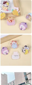 Detail showing various cute cartoon cat acrylic brooches with motivational text charms