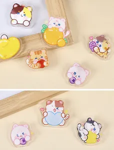 Detail showing various cute cartoon cat acrylic brooches with motivational text charms