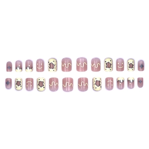 Schattige korte kunstnagels met smileys en sterren, koeprint-stijl, set van 24 stuks