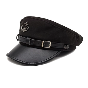 Women's black wool sailor cap with leather brim and silver anchor emblem detail